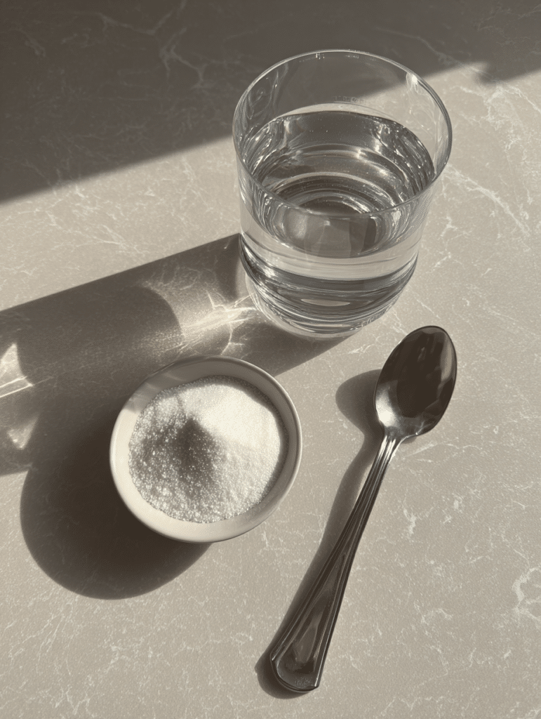 Brazilian baking soda trick ingredients including baking soda water and spoon neatly arranged