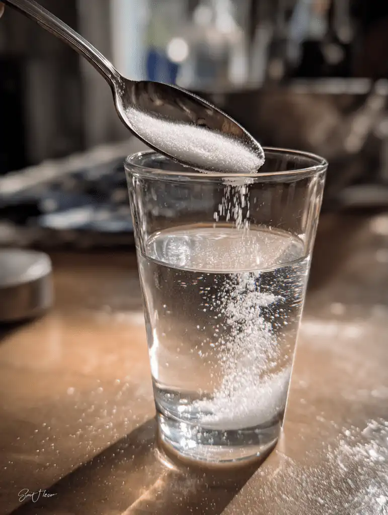 Brazilian baking soda trick step showing mixing baking soda into water with spoon