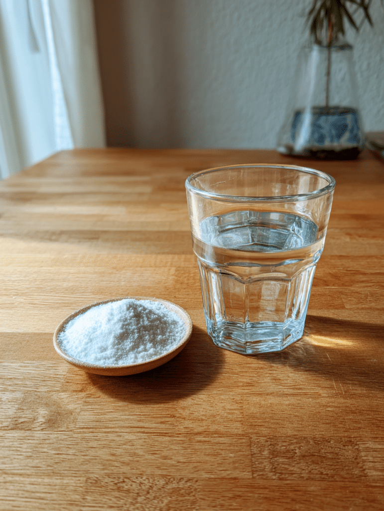 Brazilian baking soda trick in a glass of water on kitchen table showing simple viral mixture