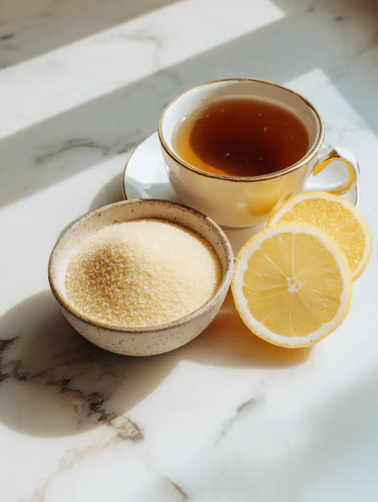 Dr Ashton gelatin recipe ingredients including gelatin powder hot tea and lemon slice