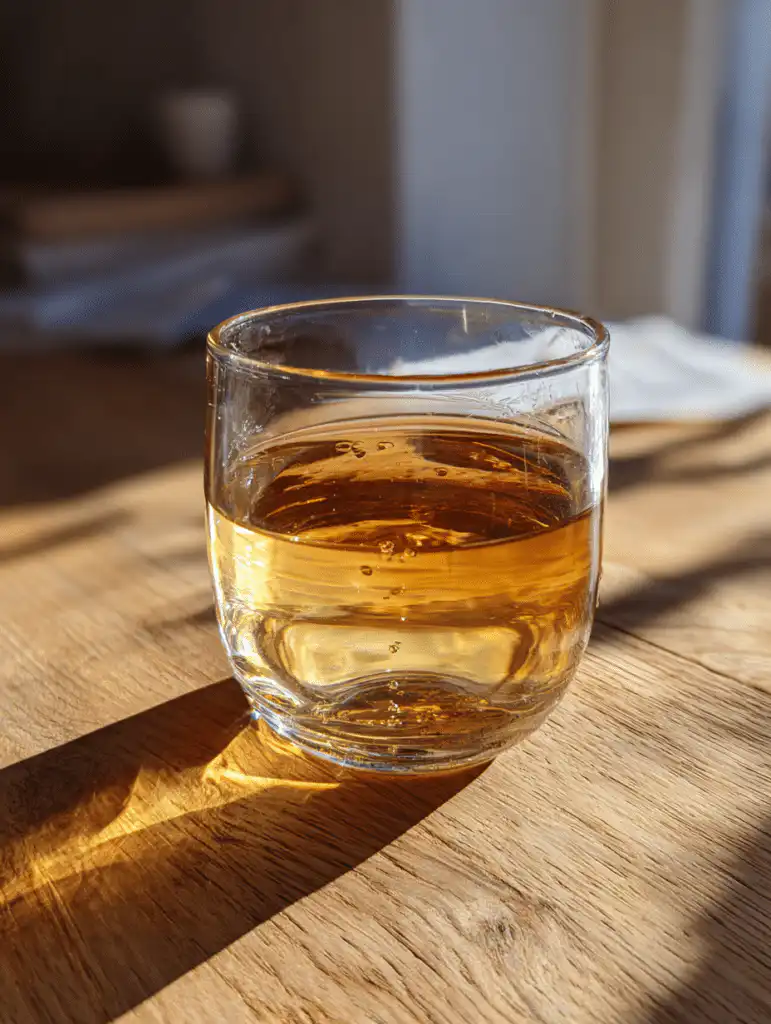 Dr Ashton gelatin recipe served as a warm light gelatin drink in a clear glass cup