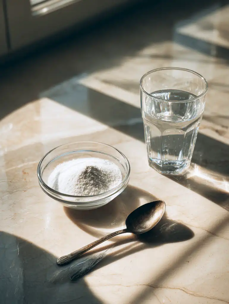 Dr oz baking soda trick ingredients including baking soda water and spoon neatly displayed