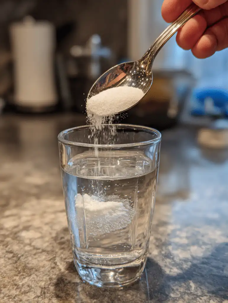Dr oz baking soda trick step showing mixing baking soda into water with spoon