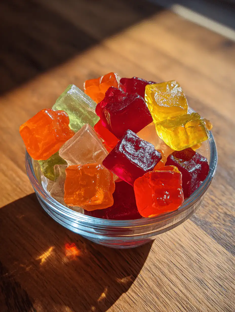 Jillian Michaels gelatin gummies served as colorful homemade chewy snacks in a glass bowl