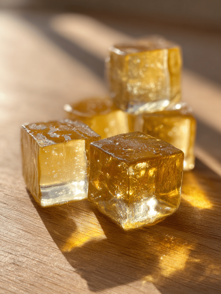 Jillian Michaels gelatin recipe served as light yellow gelatin cubes on a wooden table