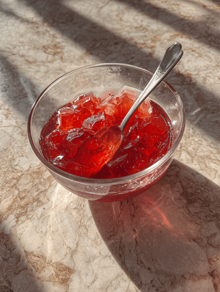 Bariatric jello recipe being mixed with hot water during preparation step