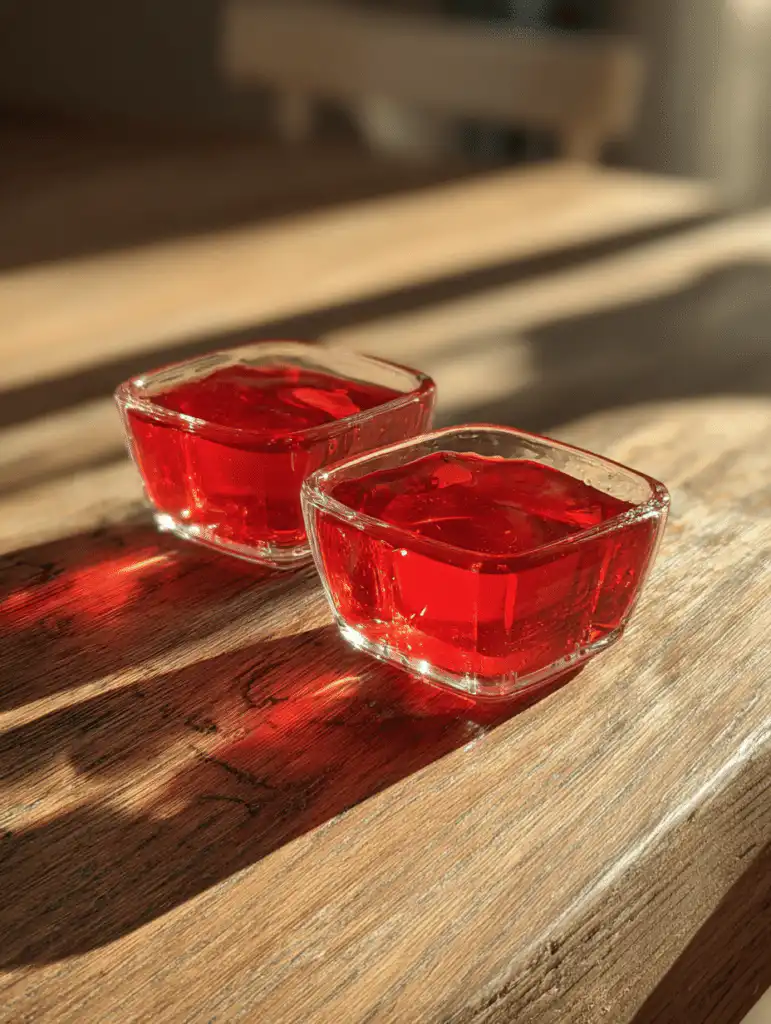 Bariatric jello recipe served in small glass bowls with light red gelatin texture