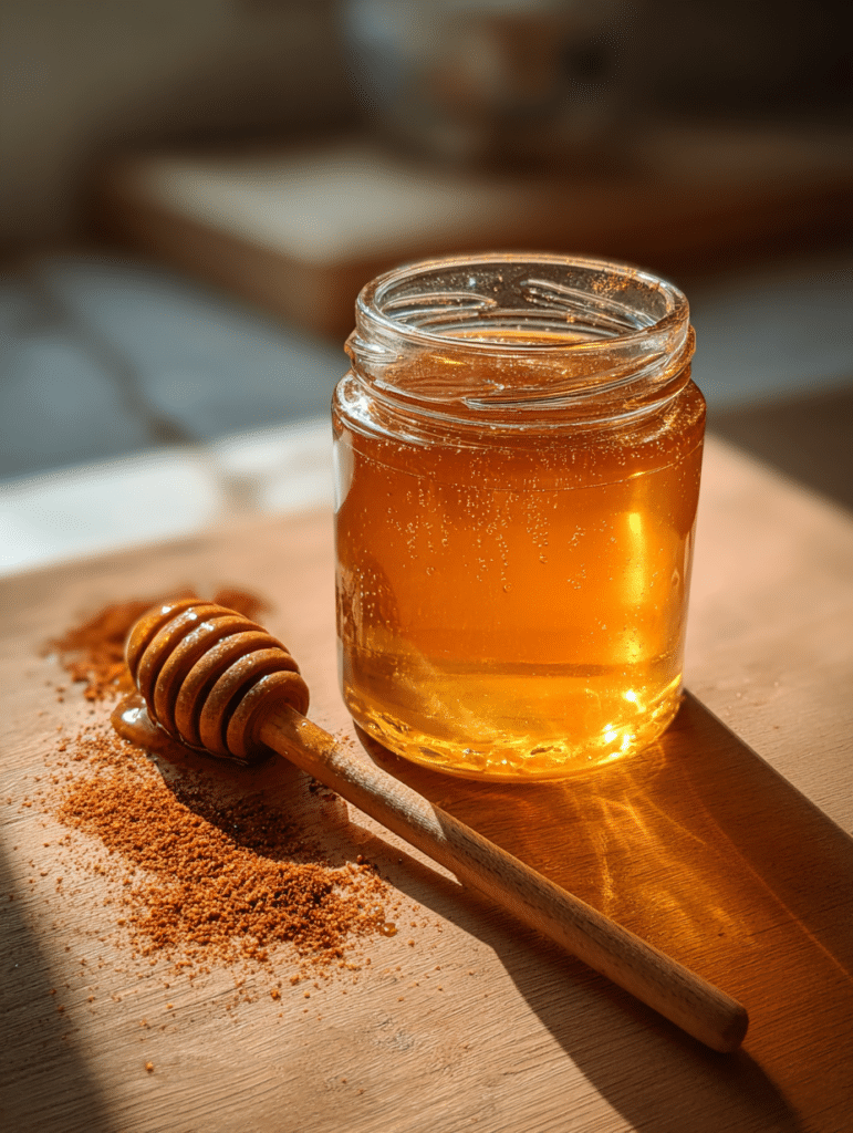Dr Ben Carson honey recipe with raw honey and cayenne pepper on spoon