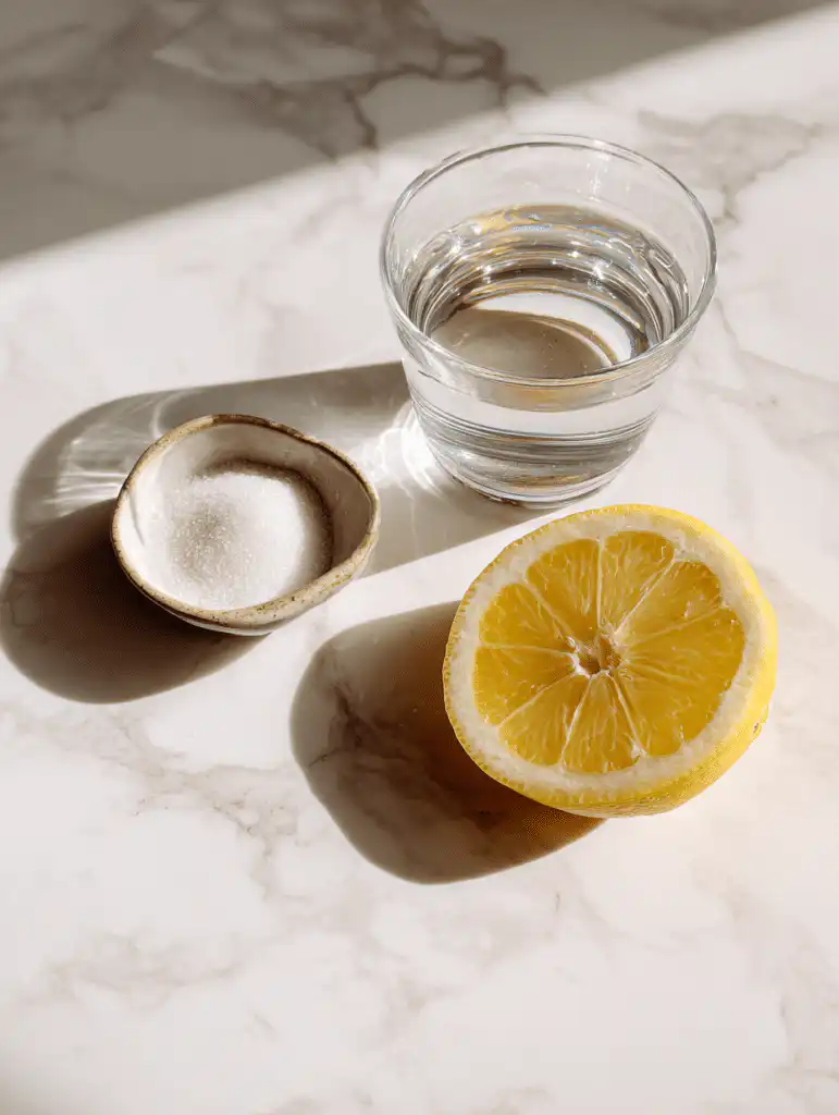 gelatin trick recipe ingredients unflavored gelatin water and lemon on marble surface