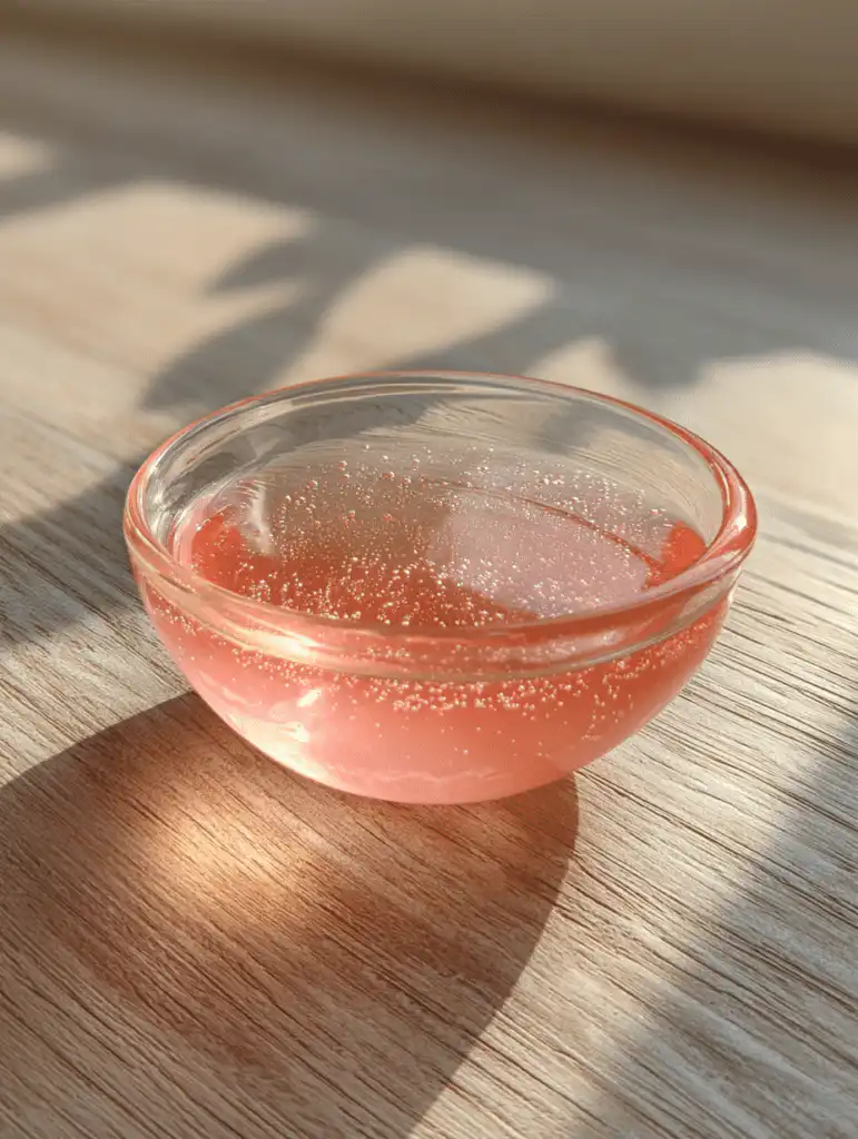 Gelatin weight loss recipe in a glass bowl with light pink texture on a wooden table