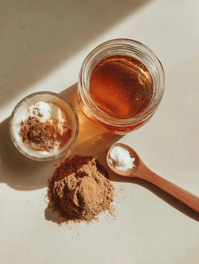 Honey trick for men recipe ingredients including raw honey cinnamon and baking soda on kitchen counter