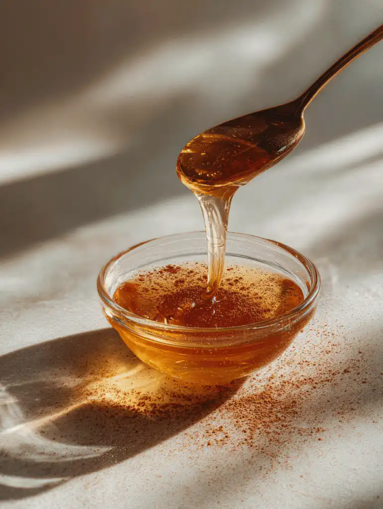Honey trick for men recipe with raw honey and cinnamon in a spoon for daily energy routine