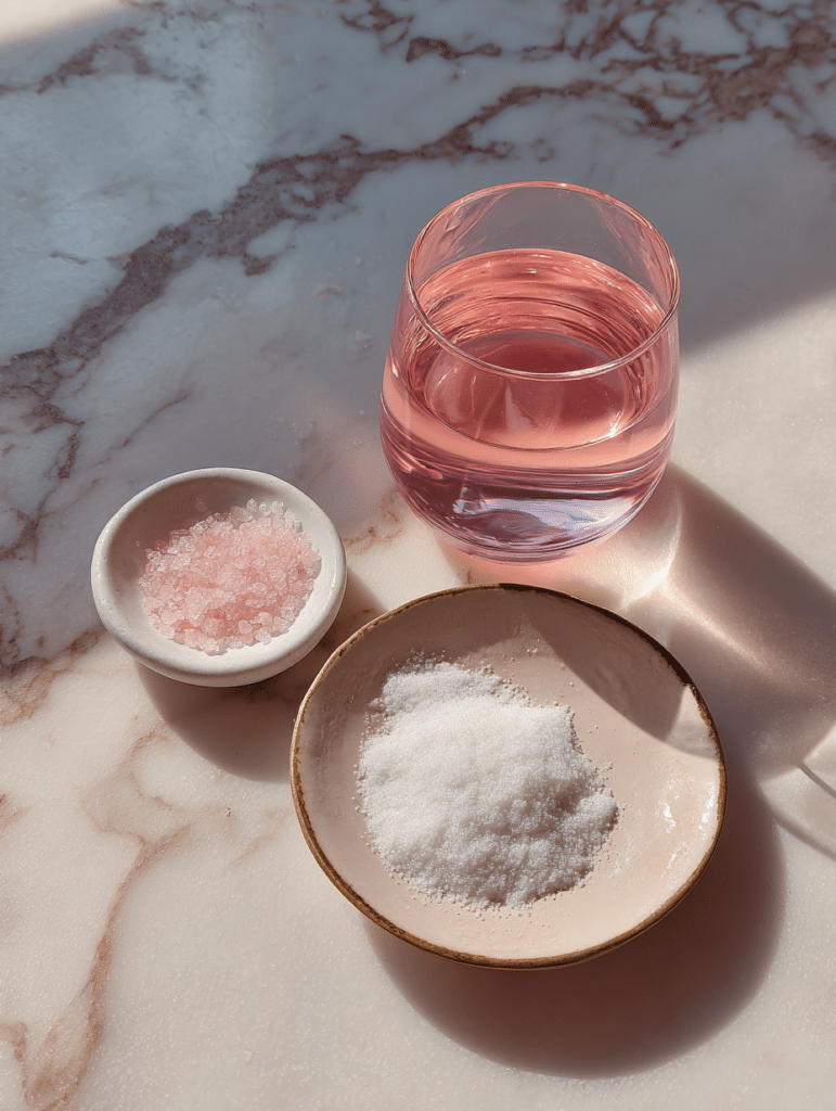 Pink gelatin recipe ingredients including gelatin powder water and pink salt