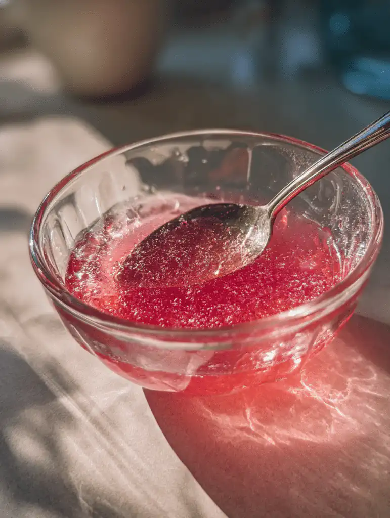 Pink gelatin recipe being mixed with water and salt during preparation step
