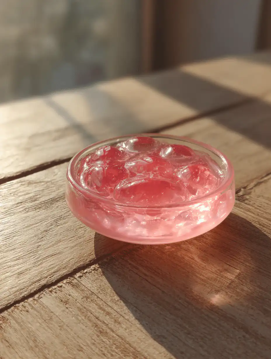 Pink gelatin recipe served in a glass bowl with soft pink texture on wooden table