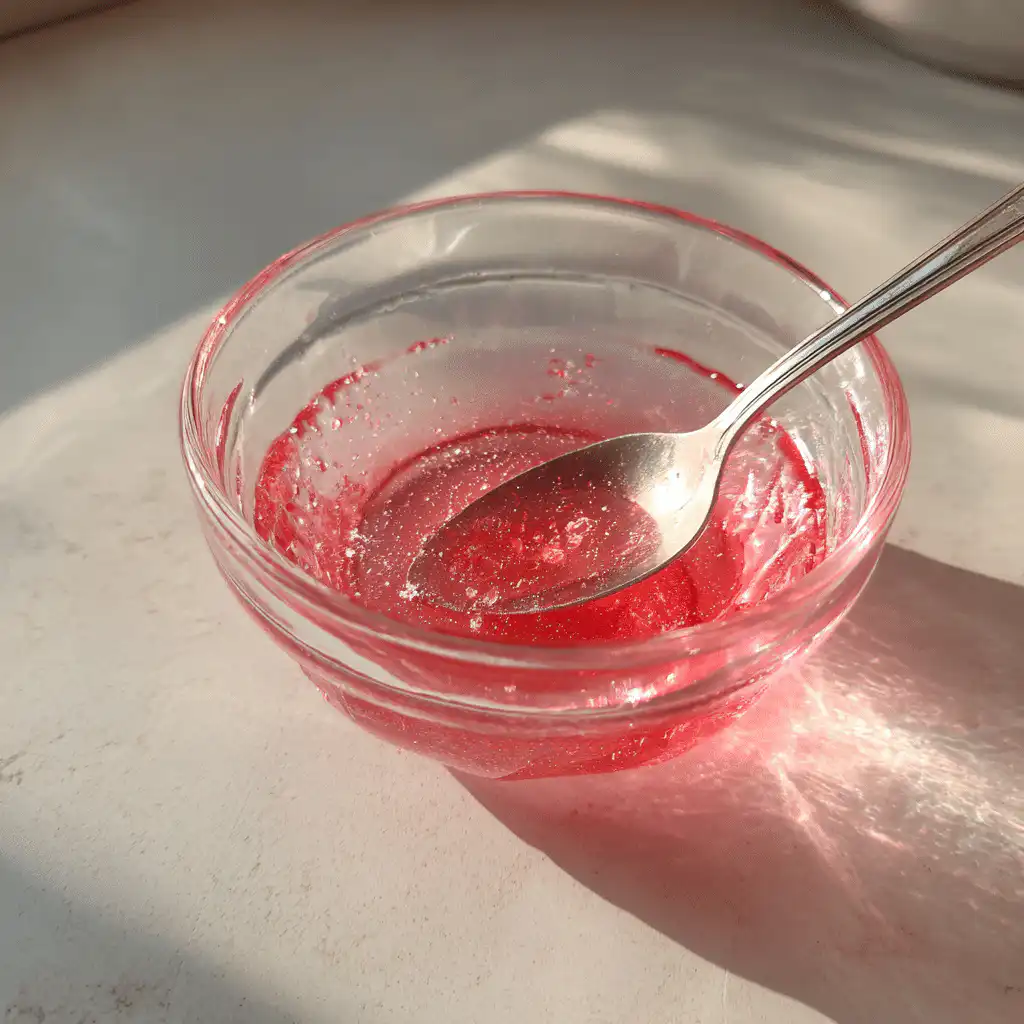 Pink gelatin weight loss recipe being mixed into creamy texture during preparation