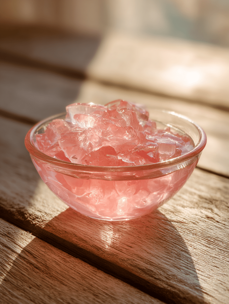 Pink gelatin weight loss recipe served in a bowl with creamy light pink texture