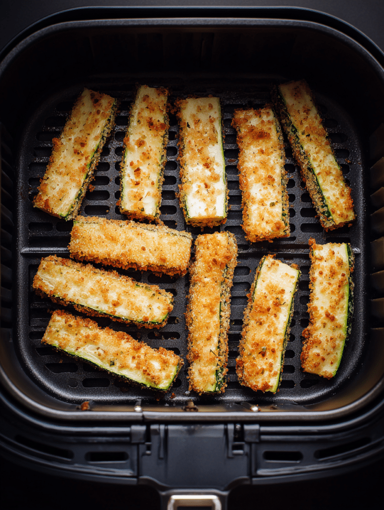 zucchini fries cooking in air fryer basket