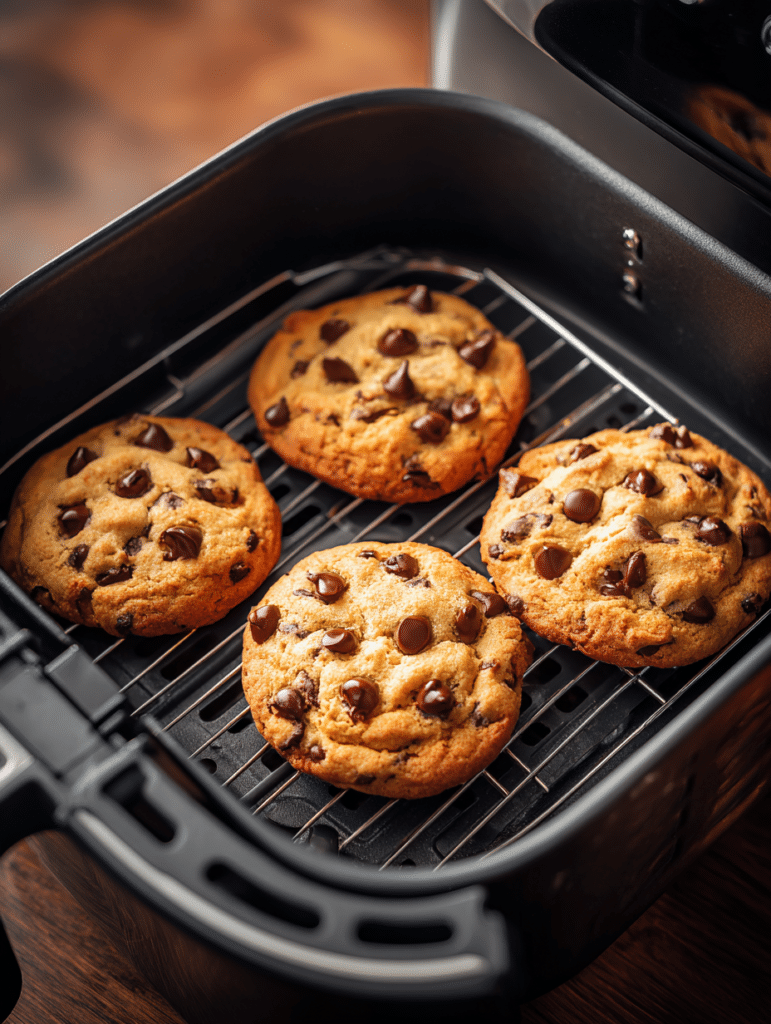 baking air fryer chocolate chip cookies inside air fryer basket