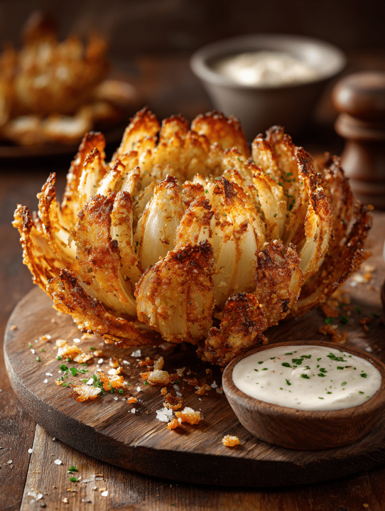 blooming onion air fryer recipe with crispy golden onion petals