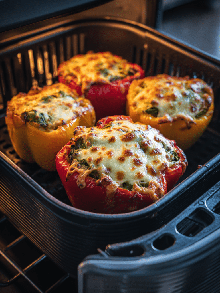 cooking air fryer stuffed peppers in basket